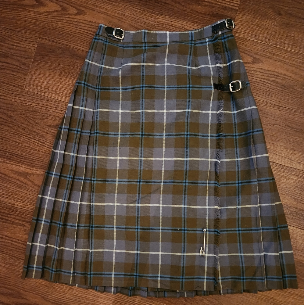 Vintage Plaid Kilt Wrap Skirt - Olive Green Grey and Blue